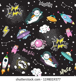 Space objects with space animals seamless pattern on a black background