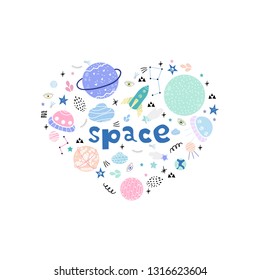 Space objects arranged in heart. Isolated cartoon illustration for kid game, book, t-shirt, textile, etc. Modern hand drawn style. Vector Illustration.