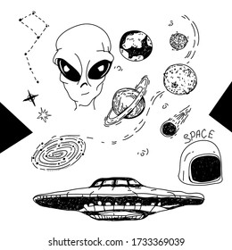 Space objects. Astronaut, planets, UFO, alien, stars, etc. Vector illustration. Doodles space elements on a white isolated background.