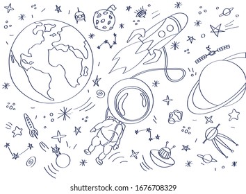 
Space objects. Astronaut, rocket, planet, UFO, satellite, etc.