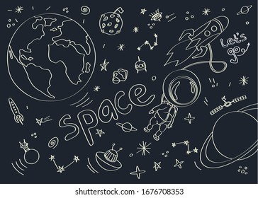 
Space objects. Astronaut, rocket, planet, UFO, satellite, etc.