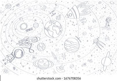 
Space objects. Astronaut, rocket, planet, UFO, satellite, etc.