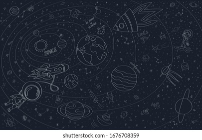 
Space objects. Astronaut, rocket, planet, UFO, satellite, etc.