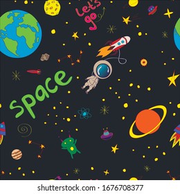 
Space objects. Astronaut, rocket, planet, UFO, satellite, etc.