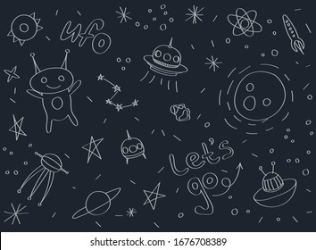 
Space objects. Astronaut, rocket, planet, UFO, satellite, etc.