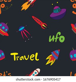 Space objects. Astronaut, rocket, planet, UFO, satellite, etc.
