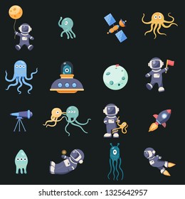 Space objects. Astronaut, rocket, planets, UFO, satellite, etc