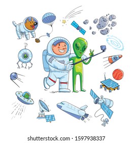 Space objects. Astronaut, rocket, planets, asteroid, UFO, satellite, rover, etc. Funny cartoon character. Vector illustration. Isolated on white background