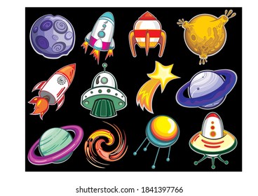 Space objects. Astronaut, rocket, planets, UFO, satellite