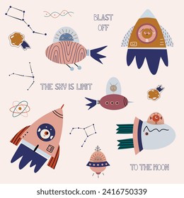 Space objects. Astronaut, rockets, stars, UFO,constellations,  etc. Hand Drawn Colorful Space Background. Vector illustration