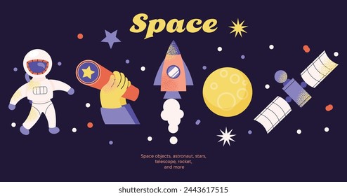 Space objects, astronaut, stars, telescope, rocket, planets. Space, fantasy planets. Cosmos, galexy objects, astronaut, stars.  Vector illustration isolated on background