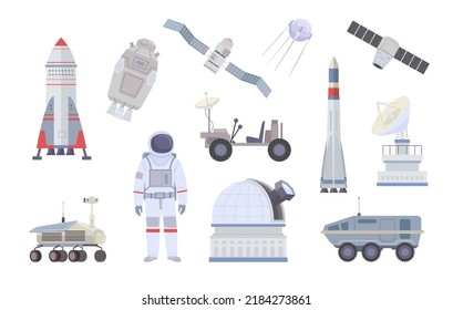 space objects. astronauts moonwalk space shuttle and rockets for learning universe outdoor stars. Vector cartoon pictures set isolated on white