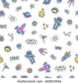 Space objects background. Vector hand drawn seamless pattern