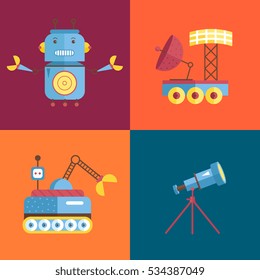 Space objects cartoon icons. Angry robot with claws, exploration rovers, telescope on stand vector illustrations isolated on orange and blue background. For app button, logo, web design