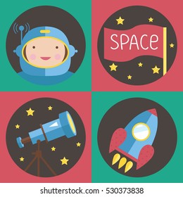 Space objects cartoon icons. Astronaut in helmet smiling face, flag with text, telescope on stand, flying rocket vector illustrations on red and green background. For app button, logo, web design