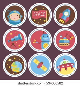 Space objects cartoon icons. Astronaut, rocket, telescope, robot, exploration rover, planet Earth, satellite, flying saucer vectors set isolated on violet background. For app button, logo, web design