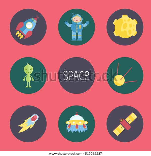 Space objects cartoon icons.\
Spaceship, astronaut in spacesuit, Moon in craters, alien,\
satellites, comet or meteor, flying saucer vectors isolated on red\
background.