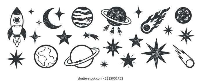 Space objects and celestial bodies hand drawn vector illustration rocket