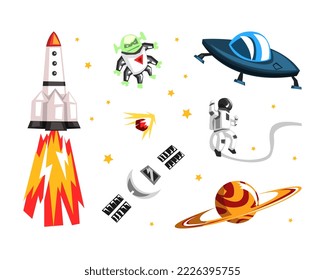 Space objects collection. Planet, astronaut, alien, satelite, space rocket vector illustration