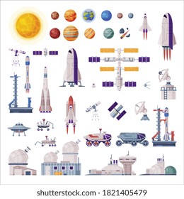 Space Objects Collection, Rocket, Shuttle, Rover, Artificial Satellite, Observatory, Spaceport, Space Industry Concept Vector Illustration