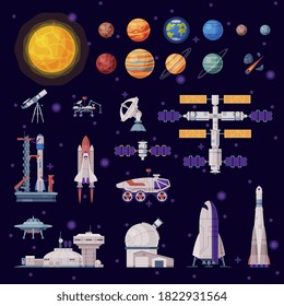 Colección de objetos espaciales, planetas de sistemas solares, cohete, transbordador, rebote, satélite artificial, ilustración de vectores de conceptos de la industria espacial