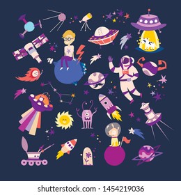 Space objects collection vector illustrations. Cute doodles galaxy icon set on blue background
