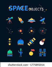Space objects - colorful flat design style icons on black background. Galaxy, cosmic exploration idea. Telescope, meteorite, ufo, constellation, orbit, crop circles, satellite, colonization of Mars