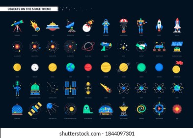 Space objects - colorful flat design style icons on black background. Galaxy, cosmic exploration idea. Planets, astronaut, satellite, meteorite, ufo, rocket, orbit, satellite dish, shuttle images