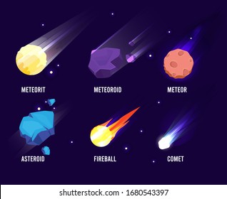 Space objects. Glowing universe astronomy set meteor asteroid vector comets collection in cartoon style