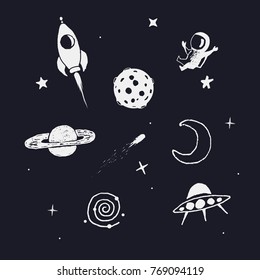 space objects. Hand drawn doodle collection.Prints design