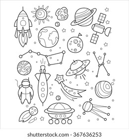 Space Objects in Handdrawn Style. Vector Illustration Set