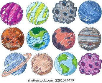 Space Objects in Pencil Colour Sketch Simple Style illustration