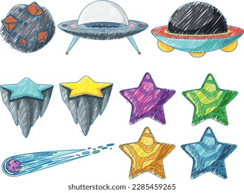 Space Objects in Pencil Colour Sketch Simple Style illustration