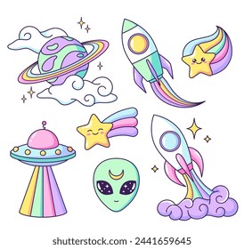 Space objects. Planet, ufo, alien, rocket, rainbow, star cartoon drawings, vector illustrations