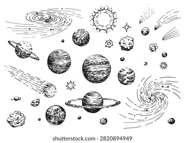 Space objects, planets, stars, asteroids, galaxy, spiral, nebula. Hand drawn vector illustration.