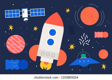 Space objects. Rocket, planets, UFO, satellite, stars, etc