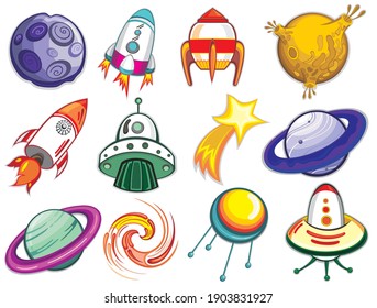 Space objects. Rocket, planets, UFO, satellite, etc