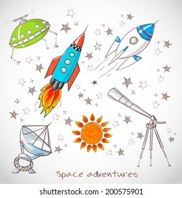 Space objects. Rockets,stars, telescopes. Vector illustration.