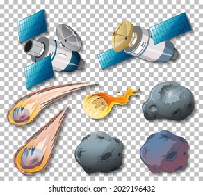 Space objects satellite and asteroids on transparent background illustration