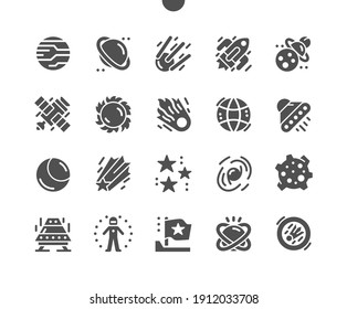 Space objects. Satellite. Space rocket and spaceship. Cosmonaut. Comet, planet, moon, shooting star and galaxy. Astronomy. Vector Solid Icons. Simple Pictogram