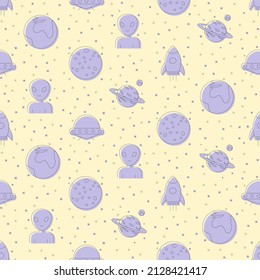 Space objects seamless pattern. Rocket, mars, earth, alien
