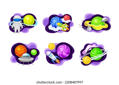 Space objects set. Astronaut, rocket, satellite, ufo spaceship, planet cartoon vector illustration