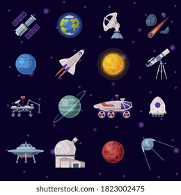 Space Objects Set, Cosmos Exploration, Space Industry Concept, Rocket, Rover, Artificial Satellite, Ufo, Planets Vector Illustration