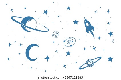 Space objects set. Handcrafted illustration