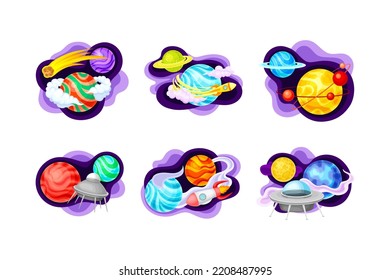 Space objects set. Planets, ufo spaceship, meteor cartoon vector illustration