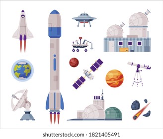 Space Objects Set, Rocket, Shuttle, Rover, Artificial Satellite, Observatory, Space Industry Concept Vector Illustration