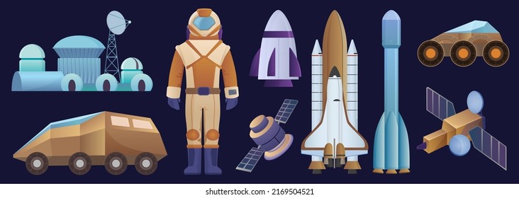 Space objects set vector illustration. Cartoon astronaut character, rocket and spaceship, antennas and telescopes on station for galaxy exploration, cosmo collection isolated on blue background