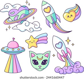 Space objects in a shape of heart. Planet, ufo, alien, cat, rocket, rainbow, star cartoon drawings, vector illustrations