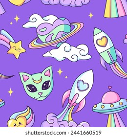 Space objects in a shape of heart seamless pattern, background. Planet, ufo, alien, cat, rocket, rainbow, star cartoon drawings, vector illustrations