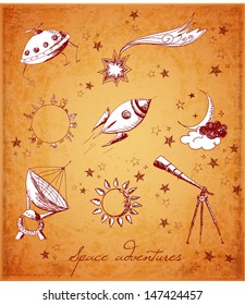 Space objects sketch: the sun, stars, the moon, rockets, comet, telescope etc  Vector illustration in vintage style. 